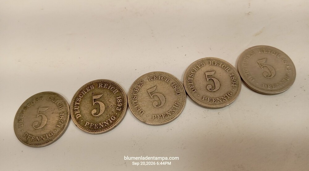 Set of 5 German Empire 5 Pfennig Coins 1890 1891 1892 1893 1894 Cupro-Nickel
